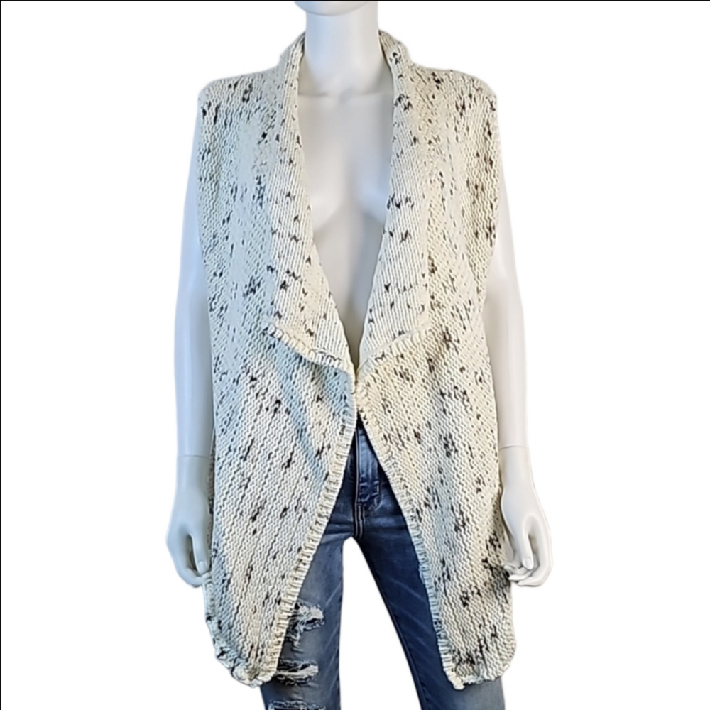 Chico's Cream & Brown Open Front Drape Knit Cardigan Sleeveless Sweater Vest